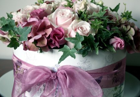 Cute gift - box, roses, pink, soft, ribbon, flowers, bouquet