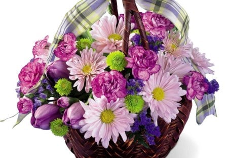 Basket of flowers for Cherie - soft, tulips, colorful, basket, bouquet, nature, purple, pink, flowers, ribbon