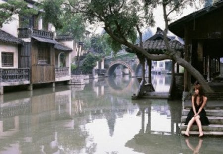 Flood - black, drees, girl, flood, houses, asian