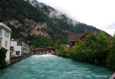 River-Village - nature, village, mountain, river