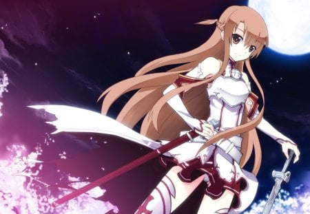 Yuuki Aauna - moon, sexy, hot, long hair, night, thighhighs, armor, brown hair, cherry blossom, cool, full moon, yuukia asuna, sword, sword art online