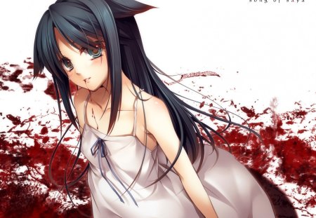 Saya no Uta - girl, saya no uta, long hair, blood, black hair, green eyes, anime, saya, dress