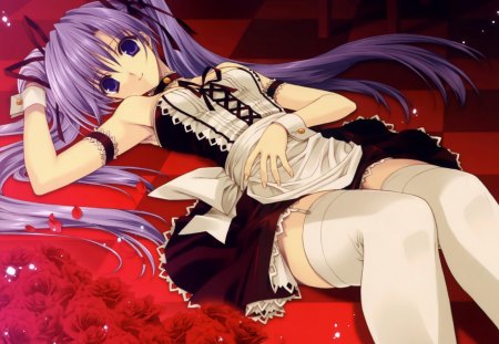 Purple hair girl - purple, bed, girl, dress