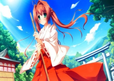 Doing My Work!!!! - girl, cleaning, work, blue sky, red hair, suzueda komachi, iro ni ide ni keri waga koi wa, green eyes, anime, sweet, cute