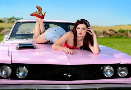 babe on bonnet - heels, sexy, babe, legs