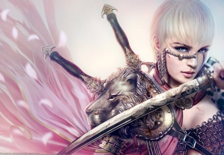 Fantasy girl - game, warrior, girl, sword, blonde hair, beauty, pink, fantasy, ruoxing zhang, glitter, lion