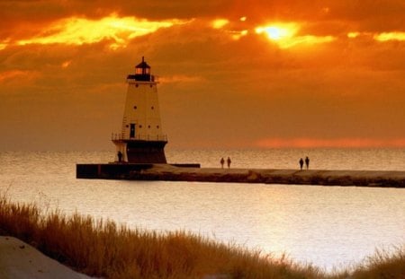 Lighthouse - orange, water, lighthouse, sunset