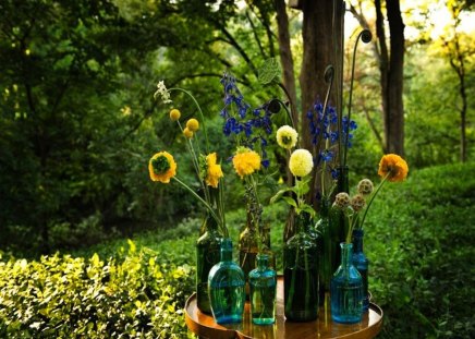 Grouping of Colored Bottle Vases - vase, bottle, blue, green, decorate, color, forest, flower