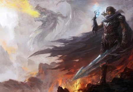 fantasy - magic, artwork, weapons, armor, fantasy, dragons, fire, wings, art