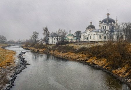 church near a river on a rainy day - river, church, gloomy, rain