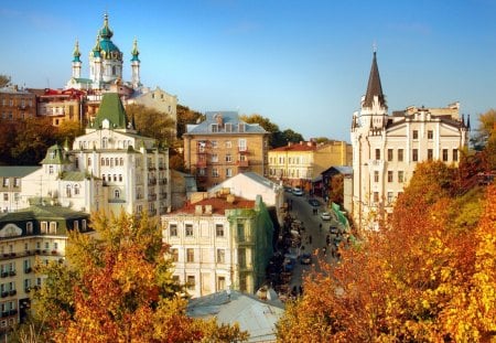 a hill town in france in autumn - hill, trees, town, autumn, church