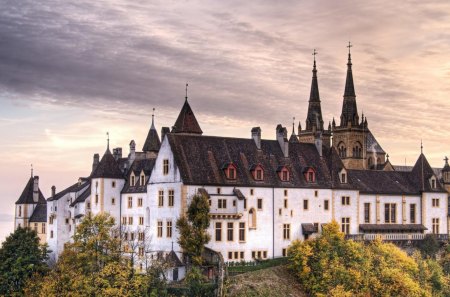 neuchatel castle switzerland - white, hill, clouds, castle, trees