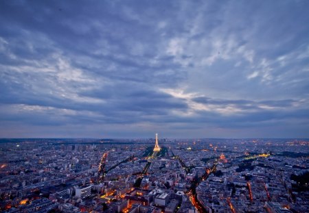 panoramic paris at night - city, lights, panorama, clouds