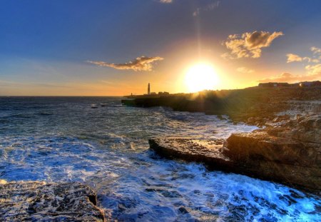 sunrise over lighthouse on the point - lighthouse, sunrise, point, sea, coast