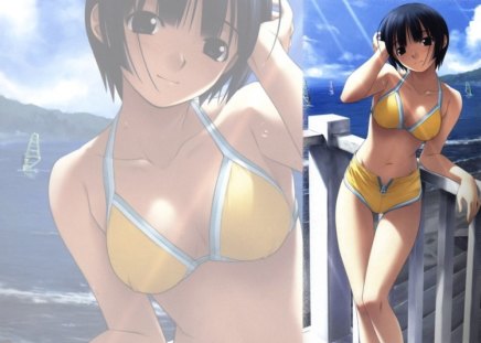 anime girl - anime, black hair, yellow, short hair