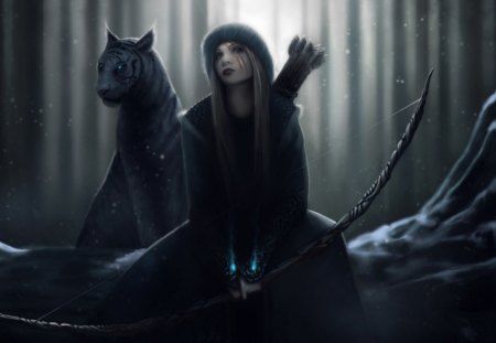 Night Hunter - hunter, fantasy, animal, girl, night