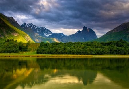 Beautiful Place - beauty, sky, peaceful, water, mountains, storm, view, reflection, clouds, green, stormy, lake, landscape, lovely, nature, woods, forest, beautiful, splendor