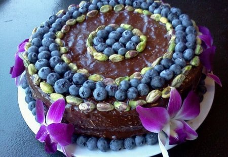 Happy Birthday! - happy birthday, blue, chocolate, orchid, flower, pink, sweet, purple, pistachio, truffle, dessert, blueberry, cake