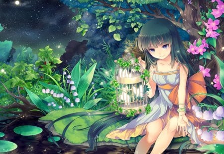 Anime - cage, orignal, anime, green, flowers