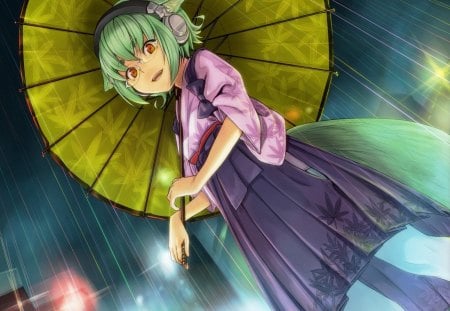 In the rain - anime, blue, girl, night, manga, umbrella, autumn, green, rain