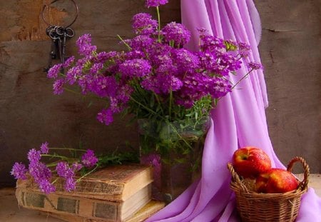 Still liffe  1 - vase, book, still life, flowers, basket, apples, nature, purple, arrangement, fruit