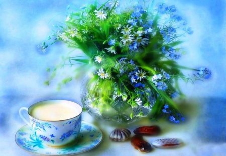 Still life 4 - vase, blue, saucer, still life, bouquet, flowers, white, nature, arrangement, cup