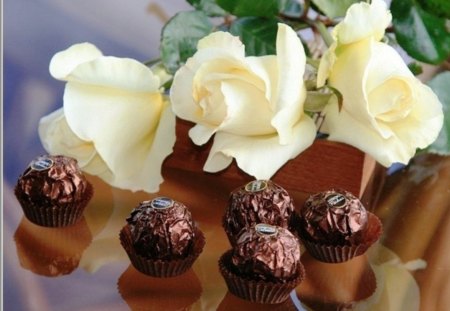 White roses - roses, chocolate, beauty, still life, three, flowers, white, nature, soft, gift