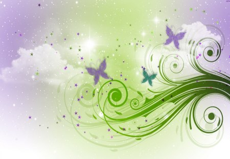 Abstract Butterflies - clouds, abstract, butterflies, simple, flair, graphics, purple, green, butterfly, sky