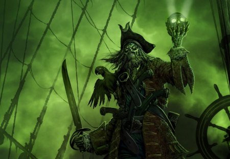 Undead Pirate - ship, undead, captain, green, sword, fantasy, pirate, black