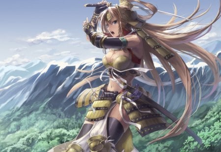 Sengoku Taisen - female, girl, warrior, samurai, long hair, mountains, anime girl, katana, armour, weapon, anime, sword