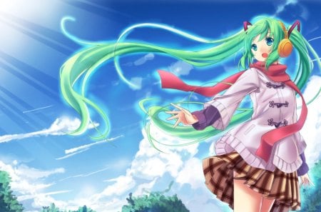 Hatsune Miku - clouds, anime girl, vocaloid, twintails, hatsune miku, green eyes, green hair, headphones, sky