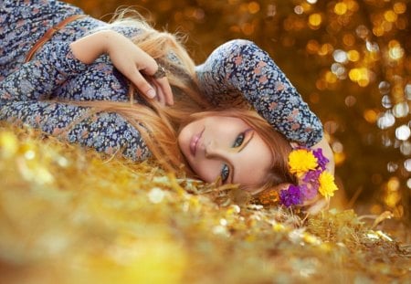 Colors of autumn - yellow, make up, beautiful, grass, flowers, nature, lady, purple, autumn, face, golden