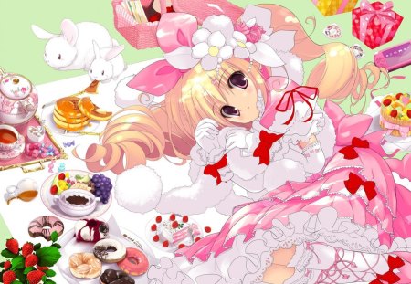 Anime Girl - anime, anime girl, dress, lolita fashion, long hair, blonde hair, hat, pink eyes, laces, lolita