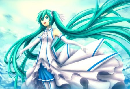 Hatsune Miku - hatsune miku, ribbons, twintails, long hair, anime girl, dress green eyes, vocaloid, anime, green hair