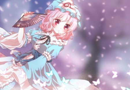 Saigyouji Yuyuko - hat, saigyouji yuyuko, anime, butterflies, dress, girl, fan, pink eyes, short hair, pink hair