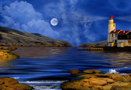 MYSTIQUE MOONLIGHT - moon, lighthouse, ocean, light, art