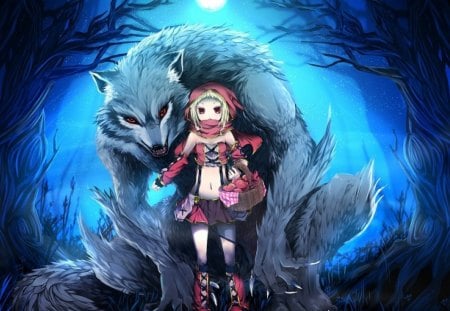 red riding hood - moon, wolf, basket, red