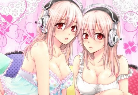 Super Soniko - headphones, pink hair, twins, red eyes