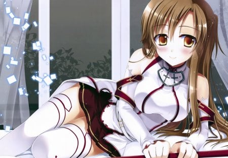 sword art online - white, long hair, sword, brown hair