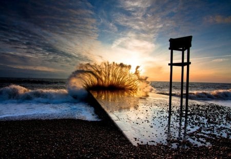 crashing waves on cement barrier - sunset, beach, waves, sea, barrier