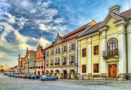 telc in the czech republic hdr - center, clouds, city, cars, hdr