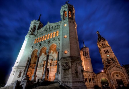 majestic cathedral - night, towers, cathedral, lights