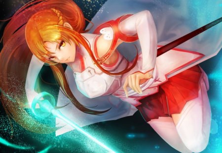 Yuuki Asuna - sexy, hot, female, thighhighs, light sword, long hair, anime girl, armor, brown hair, cool, yuuki asuna, sword art online