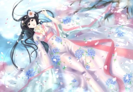 Qian Yi - beauty, qian yi, female, hot, anime girl, black hair, cherry blossom, cool, petals, ribbon, cute, jewelry, sexy, lying, long hair, scarf, hair flower, sweet