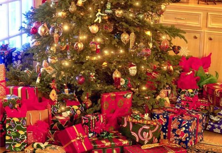 Christmas Tree with Gifts - lights, beautiful, christmas, presents, morning, gifts, tree, with, decorated