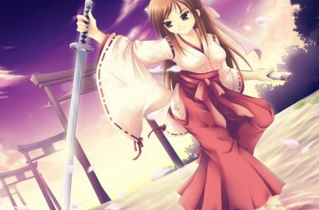 Shrine girl - dress, sword, girl, water