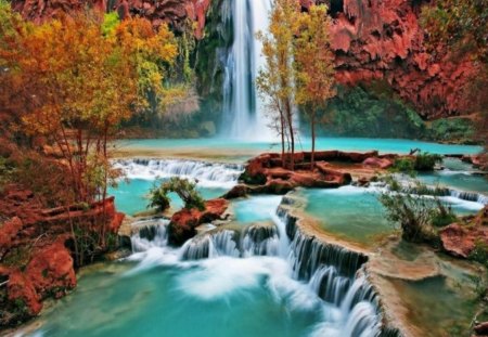 Waterfall Autumn Beauty - trees, water, yellow, blue, orange, leaves, fall, colorful, waterfall, autumn, red, green, clear