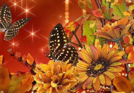 Fall Fantastic - papillon, butterflies, sparkles, stars, leaves, flowers, glitter, glimmer, amber, mums, gold, orange, fleurs, berries, fall, autumn, bright, chrysanthemum, butterfly