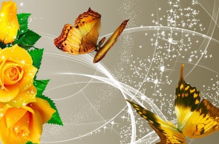 Gold on Gold - papillon, summer, butterflies, sparkles, gold, fleurs, stars, bronze, leaves, flowers, glow, yellow roses, streaks, rose, glimmer