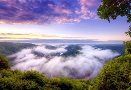 amazin nature landscape - forest, mountain, clouds, river